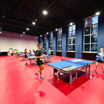 Wnętrze sali gimnastycznej. Czerwona podłoga, granatowe ściany, kilka dużych okien. Młodzi lidzie grają przy stołach w pingponga.