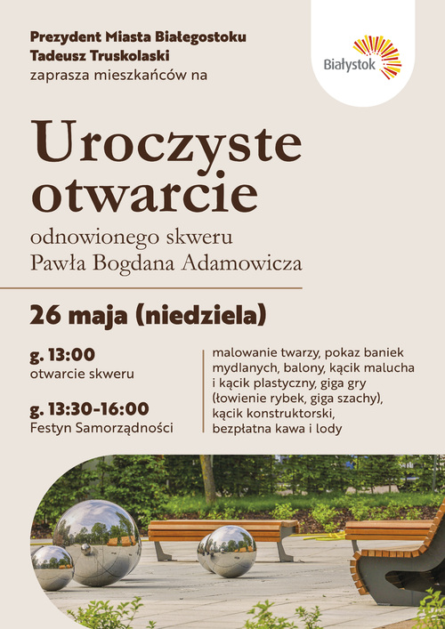 Grafika informacyjna dotycząca otwarcia skweru.