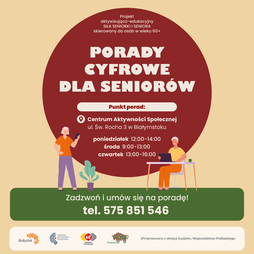 Grafika informacyjna dotycząca porad cyfrowych dla seniorów zawierająca informację o godzinach działania punktu i telefonie kontaktowym