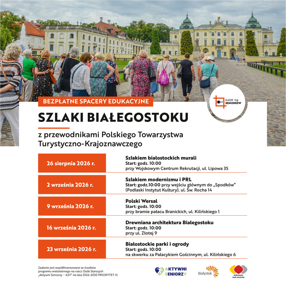 Grafika zawierająca harmonogram spacerów dla seniorów.